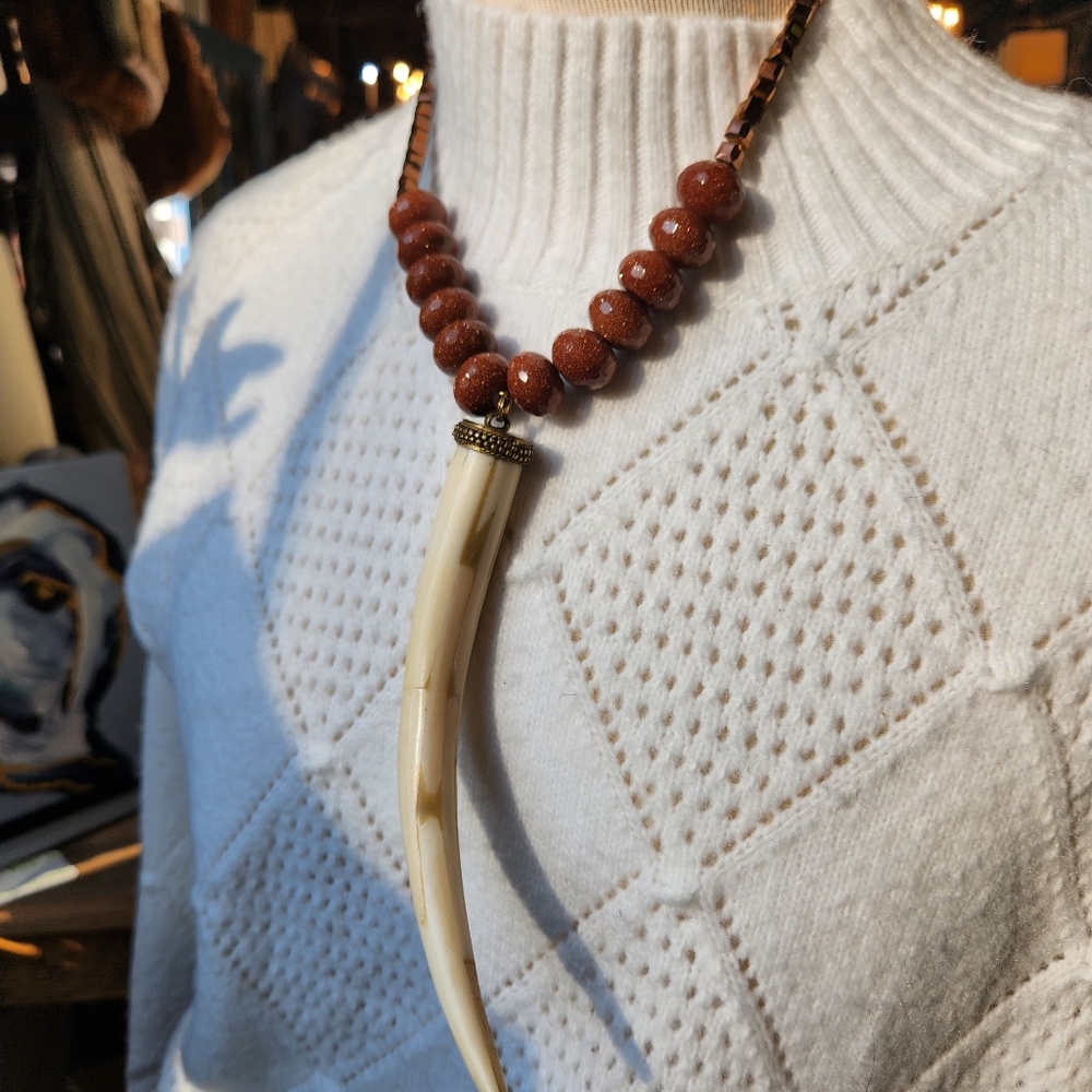 🥇Handcrafted Goldstone & Cream Horn Statement Necklace - Only 1 Made!🥇